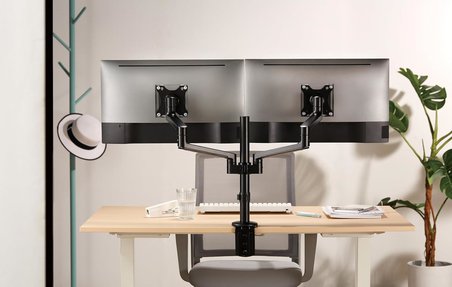 Çift Kol Monitör Tutucu 17" - 32" Ekranlar İçin, 8kg Taşıma Kapasiteli, VESA Uyumlu, Eğilebilir Döndürülebilir Kablo Kılavuzlu Ergonomik LCD LED Ekran Kolları