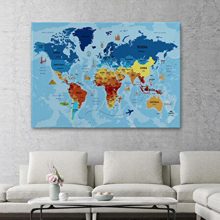 Harita Sepeti Dünya Haritası Sembollü ve Okyanuslu Dekoratif Kanvas Tablo 2423