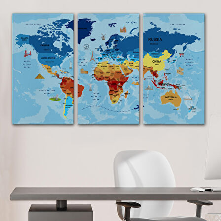 Harita Sepeti Dünya Haritası Sembollü ve Okyanuslu Dekoratif Kanvas Tablo 2423