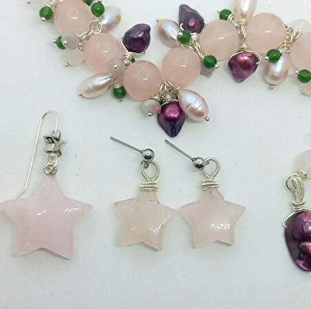 2423 Yıldız pembe Kuvars el yapımı çelik aparatlı küpe