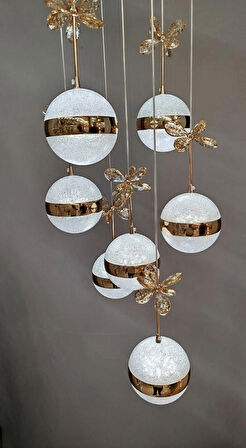 Şık Tarz Modern LED Avize Gold Ledli Salon Avizesi Kelebek Taşlı 7Lı