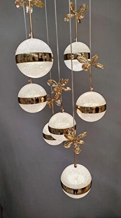 Şık Tarz Modern LED Avize Gold Ledli Salon Avizesi Kelebek Taşlı 7Lı