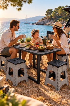 Katlanır Masa ve 4 Adet Tabure Seti Siyah Gri – Kamp Piknik Balkon Bahçe Masası 60x44 cm