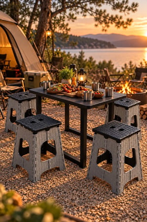 Katlanır Masa ve 4 Adet Tabure Seti Siyah Gri – Kamp Piknik Balkon Bahçe Masası 60x44 cm