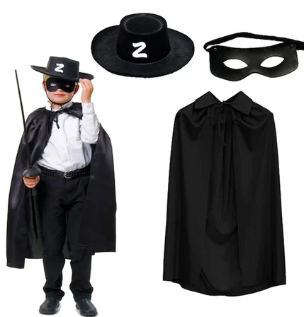 S'82 Zorro Pelerin Şapkası ve Maske Seti Çocuk Boy Siyah