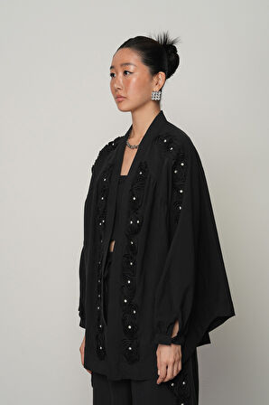 Kadın Şerit Gül ve Taş Detaylı Düz Oversize Kimono