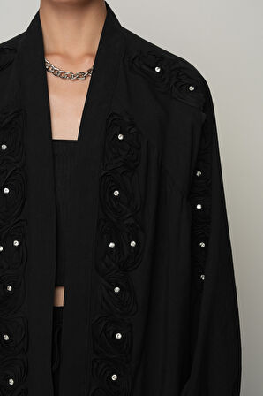 Kadın Şerit Gül ve Taş Detaylı Düz Oversize Kimono