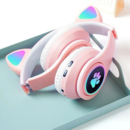 Kedi Figürlü Bluetooth Kulaklık Pembe Renkli