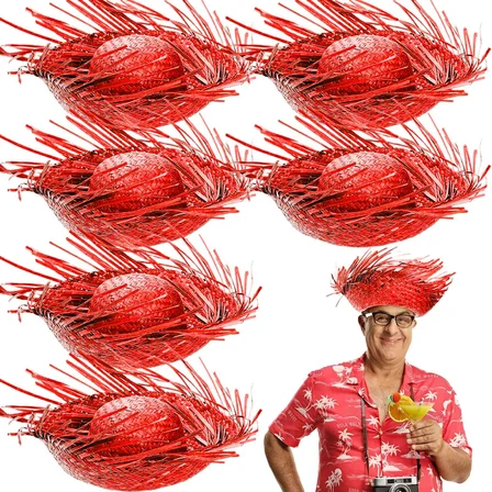 S'82 Hasır Hawaii Şapkası Kırmızı Parti Aksesuarı