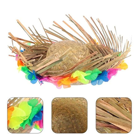 Natural Renkli Püsküllü Örme Hasır Hawaii Şapka