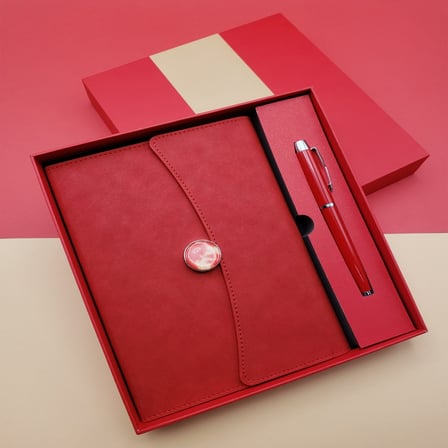 S'82 Hediyelik Ürün Defter Kalem Seti Kırmızı Renkli Termo Deri Çizgili Defter ve Metal Roller Kalem