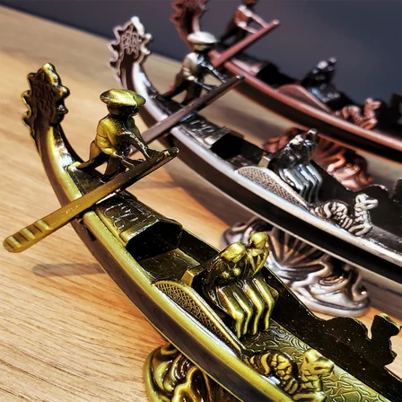 S'82 Metal Venedik Kayık Dekoratif Obje Biblo Antik Altın (16 cm)