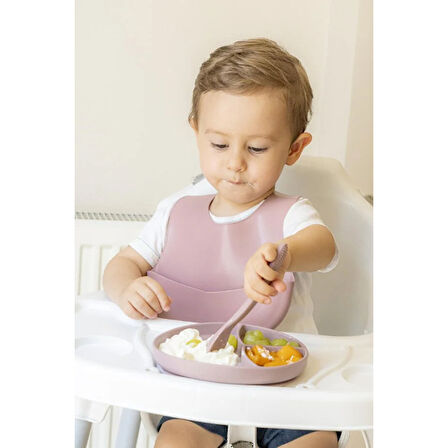 Pembe 3 lü Silikon Yemek Seti - Önlük + Diş Kaşıyıcılı Kaşık + Vakumlu Tabak