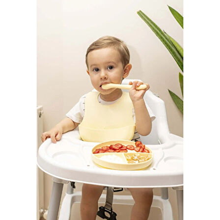 Sarı 3 lü Silikon Yemek Seti - Önlük + Diş Kaşıyıcılı Kaşık + Vakumlu Tabak