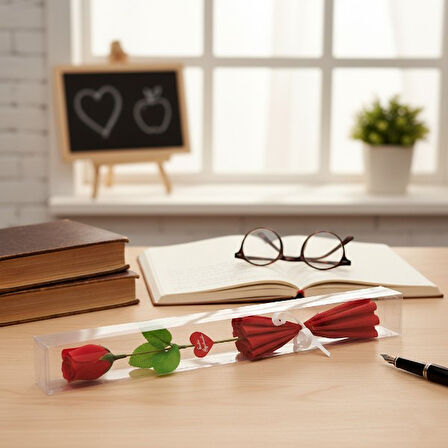 Şeffaf Kutulu Kraponlu Gül - Öğretmenler Günü Hediyesi