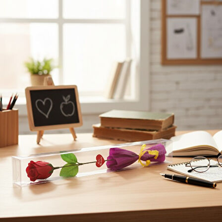 Şeffaf Kutulu Kraponlu Gül - Öğretmenler Günü Hediyesi