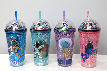 Sevimli Astronot Pipetli Işıklı Pullu Suluk Bardak 400 ml