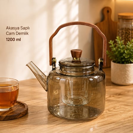 S'82 Akasya Saplı Borosilikat Cam Demlik 1200 ml Kahverengi Süzgeçli
