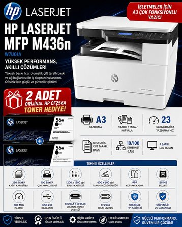 HP LaserJet MFP M436n W7U01A A3 Mono Lazer Yazıcı Tarayıcı Fotokopi Ethernet USB 23ppm + 2 Adet Orijinal Toner Hediye