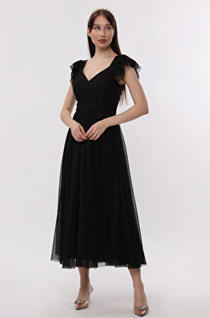  Fırfır Detaylı Korsajlı Tül Elbise