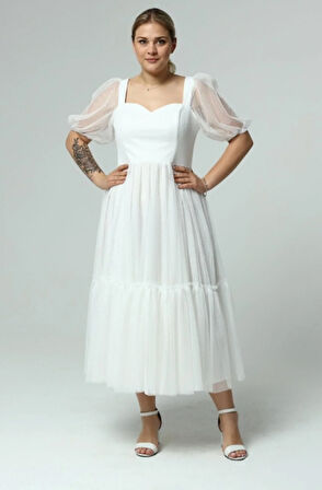 Kadın Abiye Ve Mezuniyet Sade Şık Zarif Kalp Yaka Büyük Beden Özel Üretim Noktalı Tül Abiye Elbise