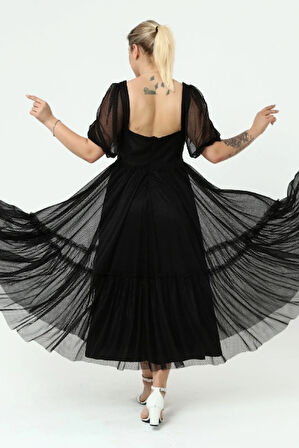 Kadın Abiye Ve Mezuniyet Sade Şık Zarif Kalp Yaka Büyük Beden Özel Üretim Noktalı Tül Abiye Elbise