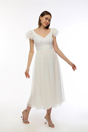  Fırfır Detaylı Korsajlı Tül Elbise