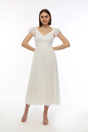  Fırfır Detaylı Korsajlı Tül Elbise