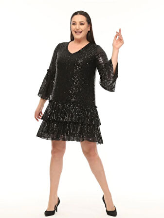 Abiye Elbise Büyük Beden Fırfır Detaylı Payet Abiye Elbise Siyah