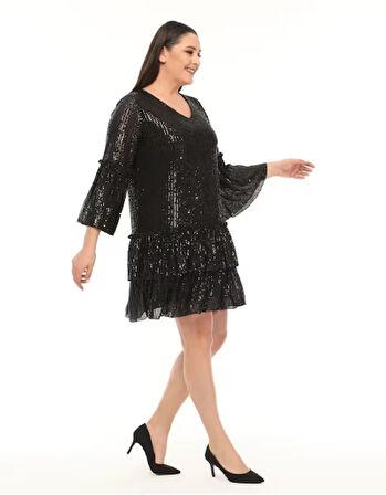 Abiye Elbise Büyük Beden Fırfır Detaylı Payet Abiye Elbise Siyah