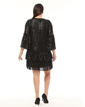 Abiye Elbise Büyük Beden Fırfır Detaylı Payet Abiye Elbise Siyah