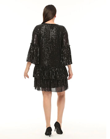 Abiye Elbise Büyük Beden Fırfır Detaylı Payet Abiye Elbise Siyah