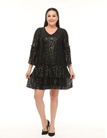 Abiye Elbise Büyük Beden Fırfır Detaylı Payet Abiye Elbise Siyah