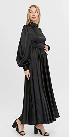 Yanları Bağlamalı Saten Tesettür Elbise