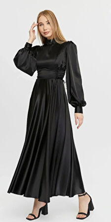 Yanları Bağlamalı Saten Tesettür Elbise