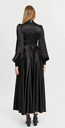 Yanları Bağlamalı Saten Tesettür Elbise