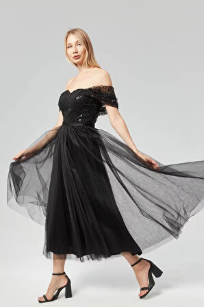 Kadın Abiye ve Mezuniyet İnci Boncuk Hayal Tül Kelebek Abiye Elbise