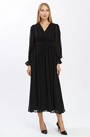  Kadın Abiye ve Mezuniyet Elbise Önü Kruvaze Uzun Kol Şifon Kadın Abiye Elbise