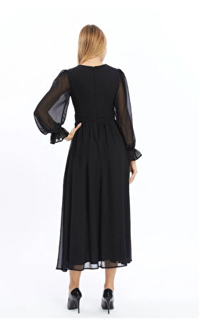  Kadın Abiye ve Mezuniyet Elbise Önü Kruvaze Uzun Kol Şifon Kadın Abiye Elbise