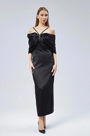 Kadın Abiye Ve Mezuniyet Elbise Taş Detaylı Saten Kelebek Abiye Elbise