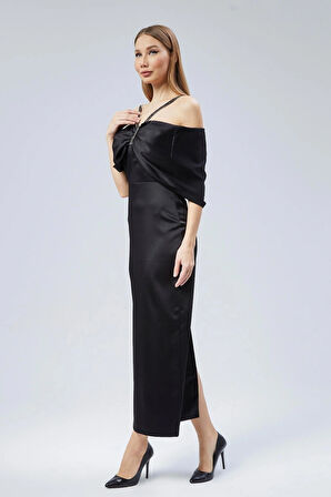 Kadın Abiye Ve Mezuniyet Elbise Taş Detaylı Saten Kelebek Abiye Elbise