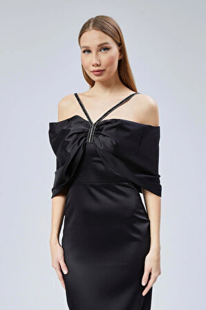 Kadın Abiye Ve Mezuniyet Elbise Taş Detaylı Saten Kelebek Abiye Elbise