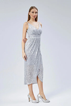  Kadın Abiye Ve Mezuniyet Elbise Kruvaze Yaka Ip Askılı Payet Abiye Elbise