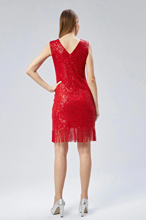 Abiye Ve Mezuniyet Elbise V Yaka Etek Ucu Saçaklı Kırmızı Payet Abiye Elbise