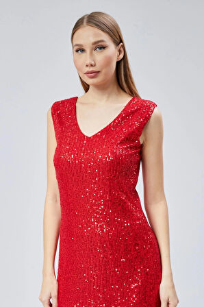 Abiye Ve Mezuniyet Elbise V Yaka Etek Ucu Saçaklı Kırmızı Payet Abiye Elbise