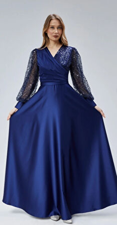 Kadın Abiye Ve Mezuniyet Orta Beden Kruvaze Yaka Saten Kumaş Ve Inci Boncuklu Tül Abiye Elbise