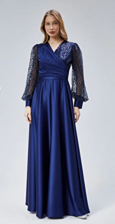 Kadın Abiye Ve Mezuniyet Orta Beden Kruvaze Yaka Saten Kumaş Ve Inci Boncuklu Tül Abiye Elbise