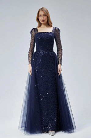  Kadın Abiye Ve Mezuniyet Elbise Kare Yaka Tül Detaylı Abiye Elbise