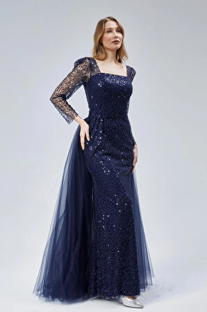  Kadın Abiye Ve Mezuniyet Elbise Kare Yaka Tül Detaylı Abiye Elbise