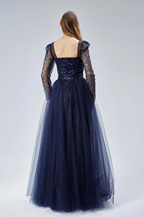  Kadın Abiye Ve Mezuniyet Elbise Kare Yaka Tül Detaylı Abiye Elbise